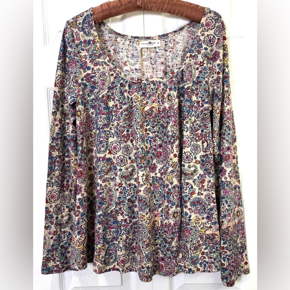 Natural Life Floral Paisley Long Sleeve Blouse Size Small Boho Cotton NWOT
